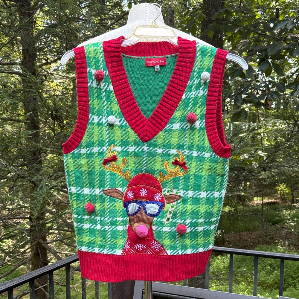 Blizzard Bay Green plaid and Red Reindeer Sweater Vest sz. M